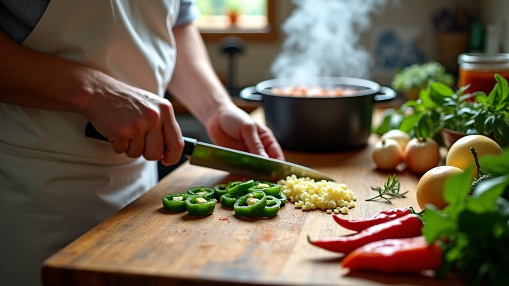 A person slicing green chili peppers on a wooden cutting board surrounded by fresh ingredients in a kitchen.