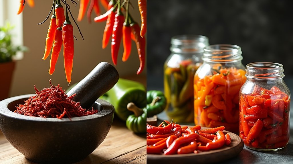 Close-up of a mortar with dried chili, hanging fresh chili, and jars of pickled chili showcasing various stages of chili processing