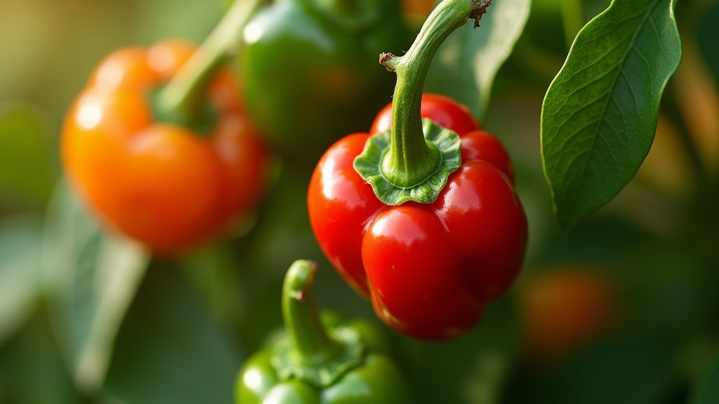 Close-up view of ripe red, green, and orange peppers hanging from a plant, highlighting different stages of ripeness