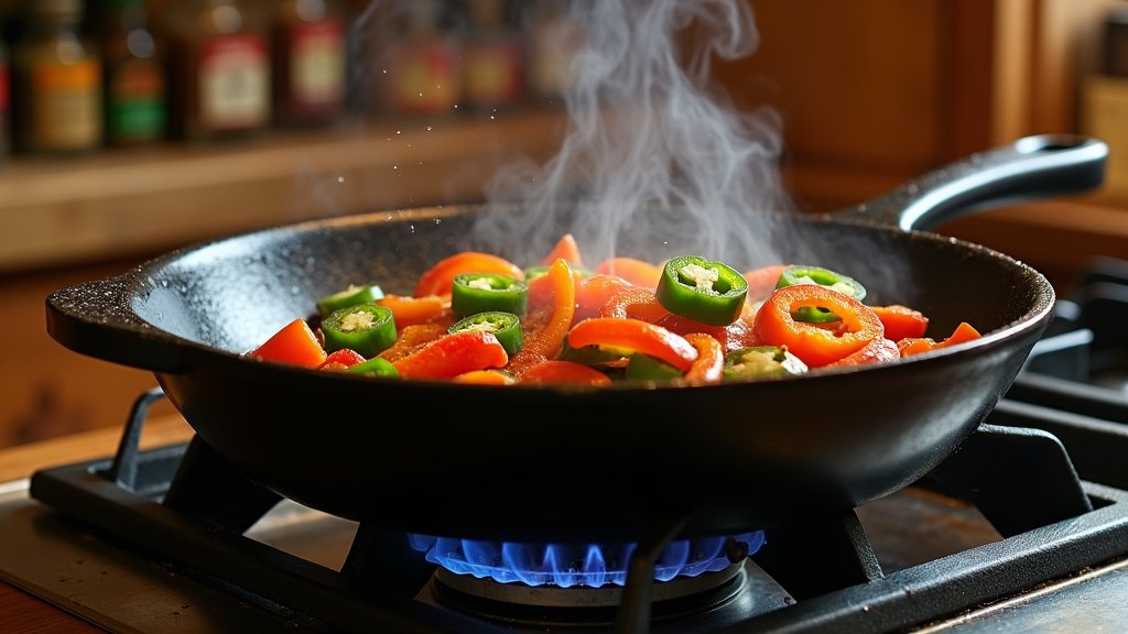 Green and red pepper slices cooking in a black skillet on a stove with steam rising.