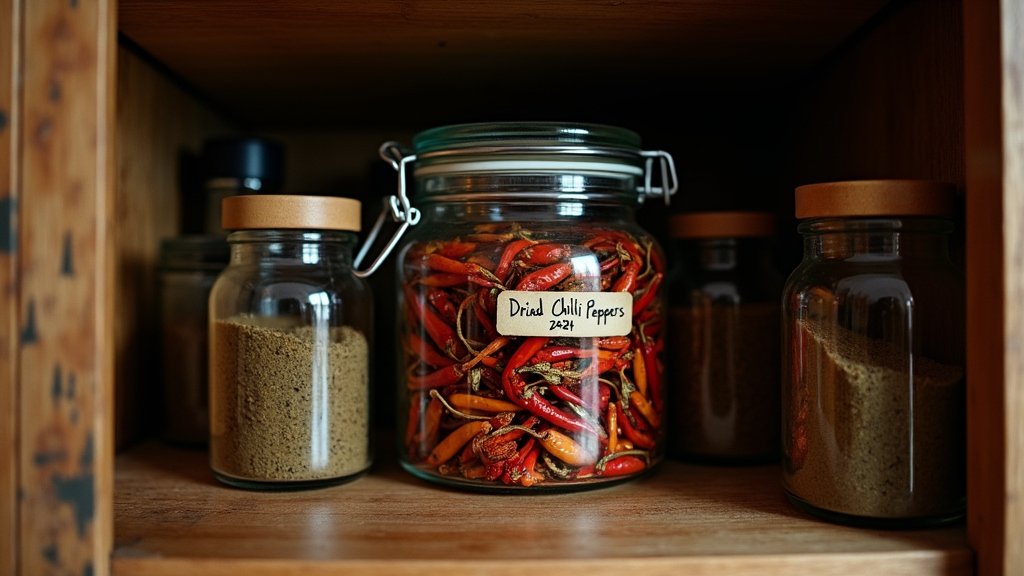 Jar of dried chili peppers stored on a kitchen shelf for preservation