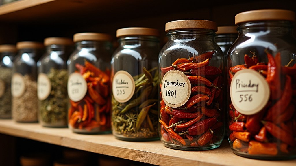 Glass jars filled with various types of dried peppers stored on a wooden shelf.