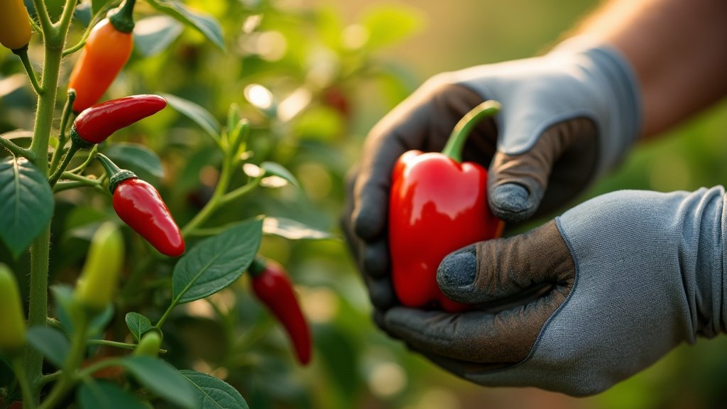 Gardener with gloves harvesting a ripe red chili pepper directly from the plant in a garden