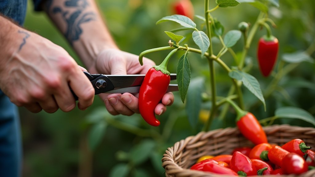 A person using pruning shears to harvest red chili peppers from a plant, with a basket of harvested peppers in the background