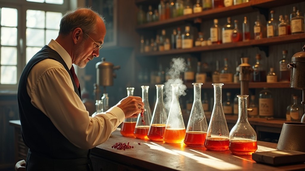 A scientist in a vintage lab conducting research with beakers, possibly exploring the history of capsaicin.