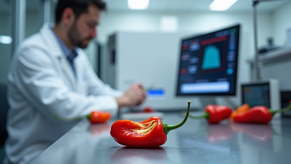 A scientist in a laboratory examining a hot pepper, likely studying its spiciness or chemical properties.