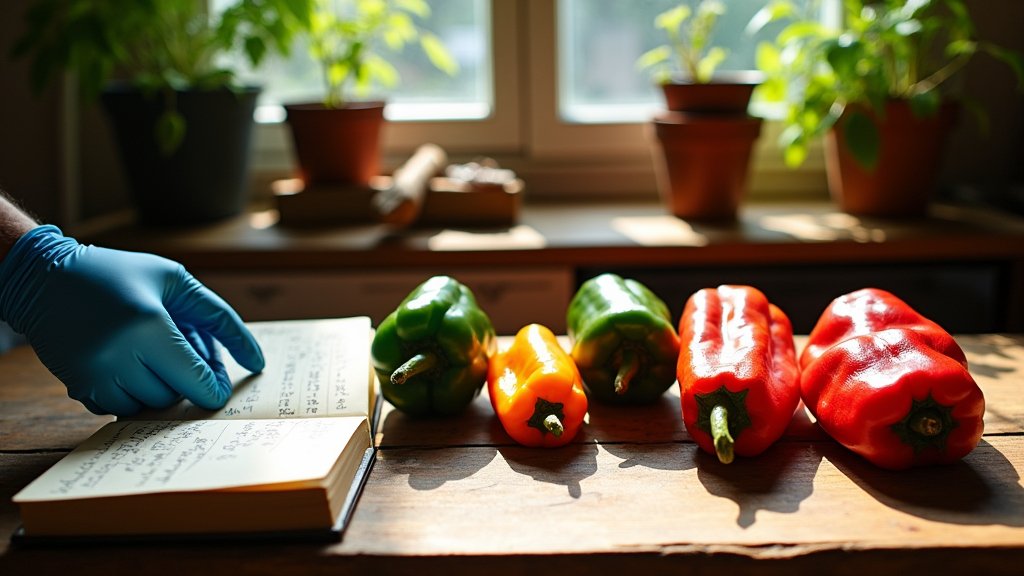 Gloved hand examining various types of peppers on a wooden table, highlighting different chili varieties