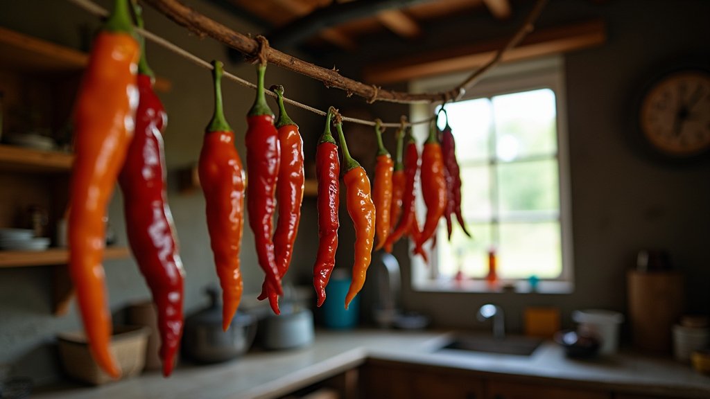 Red and orange peppers hanging on a branch to dry in a rustic kitchen.