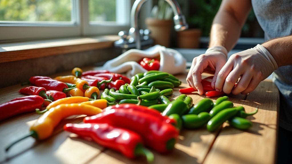 Hands preparing fresh red and green peppers for drying on a wooden kitchen counter.