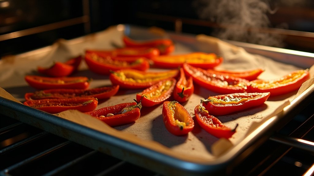 Chili peppers being roasted in the oven on a baking tray to enhance flavor