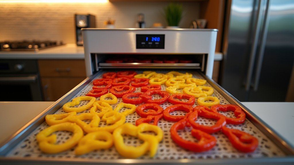 Close-up view of sliced red and yellow peppers drying in a dehydrator tray.