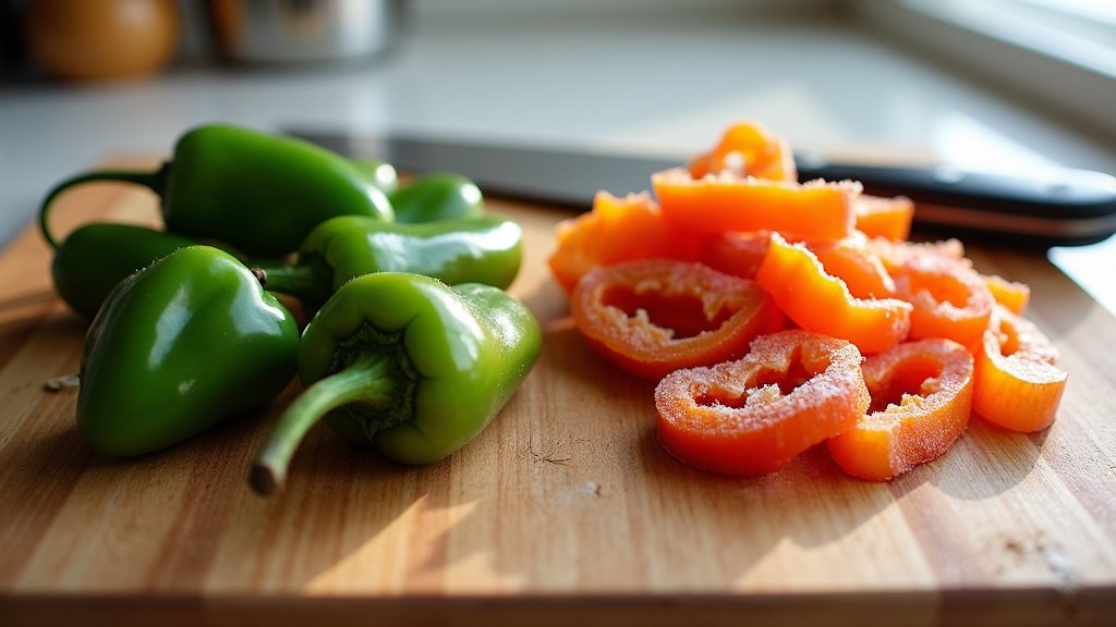 Sliced red peppers next to whole green peppers on a cutting board, prepared for cooking