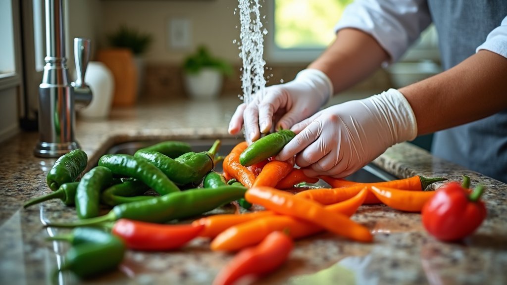 Gloved hands washing fresh green and red peppers under running water at a kitchen sink.