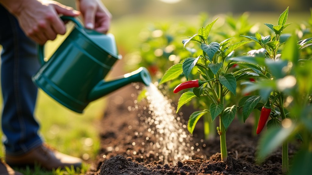 Chili plants being watered with a green watering can in a garden, illustrating proper plant care and irrigation